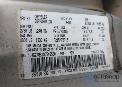 1995 Jeep Grand Cherokee Limited/Orvis from USA, damaged, VIN 1J4GZ78S1SC543520